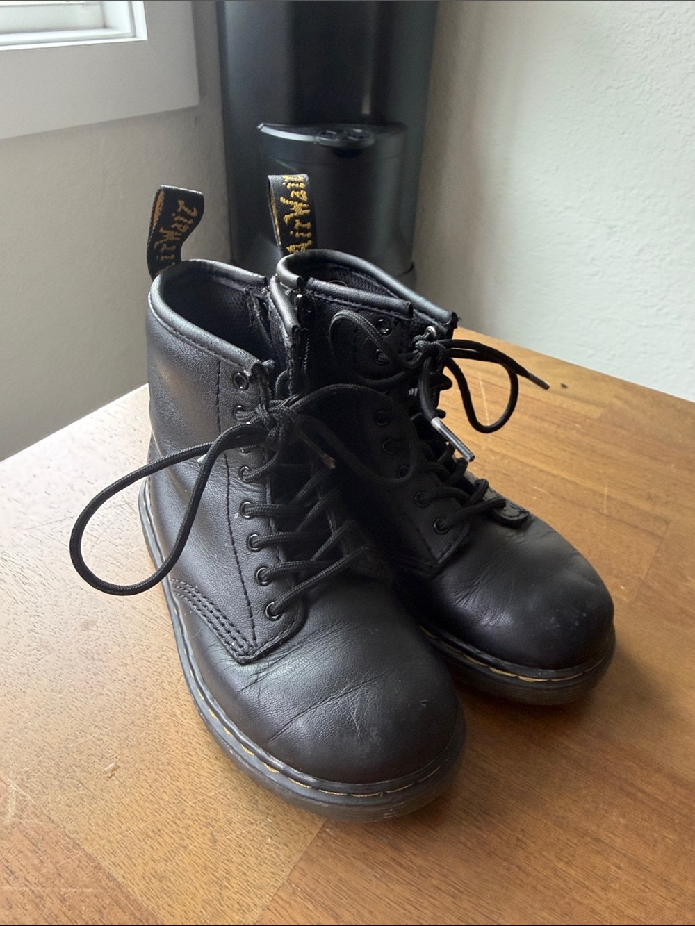 Dr. Martens Kids Black Leather Lace-Up Ankle Boots with Yellow Stitching